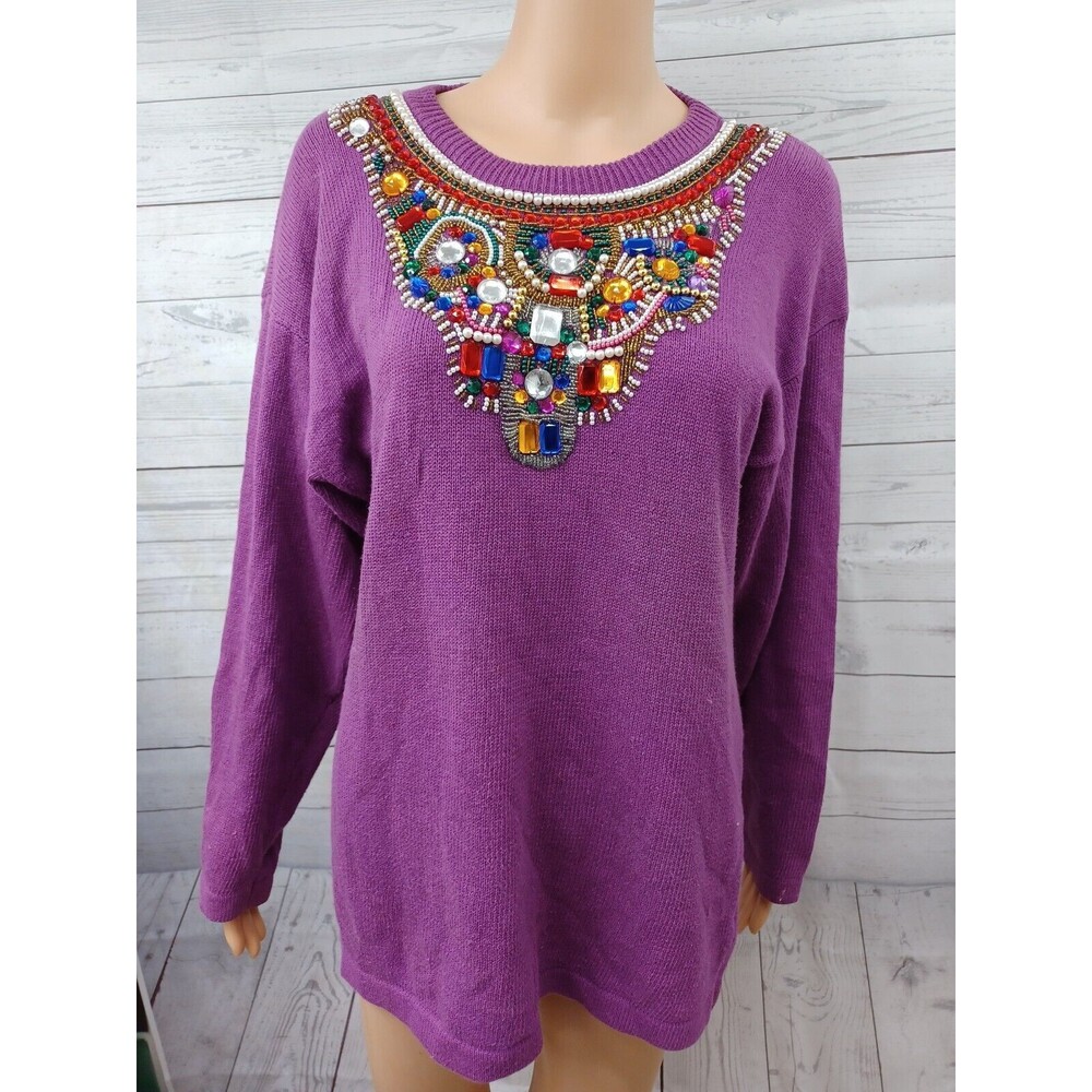 Vtg Victoria Harbour Purple Beaded Gold Sweater Embellished Size M